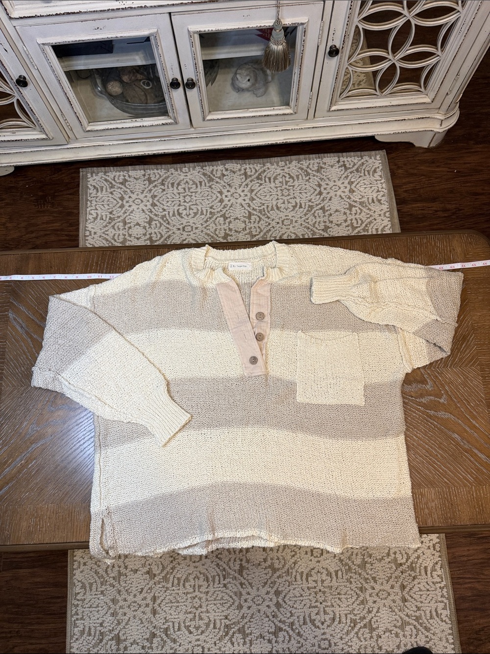 By Together Striped Henley Sweater in Cream and Tan